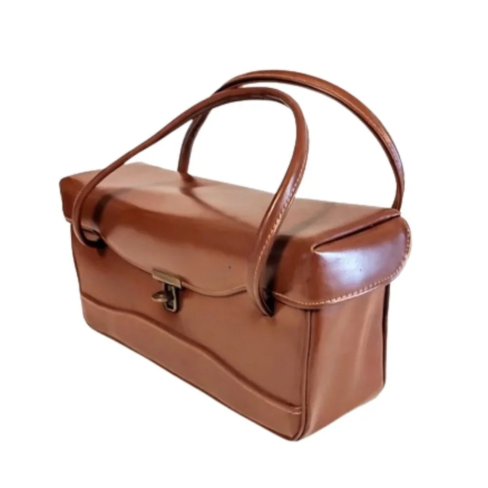 1950s Vintage Large Rust Brown Vinyl Box Handbag Purse With 2 Handles MCM - Picture 1 of 6